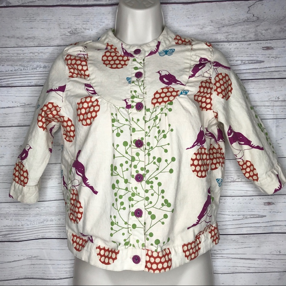 Trinity Linen Bird Print 3/4 Sleeve Blazer Jacket